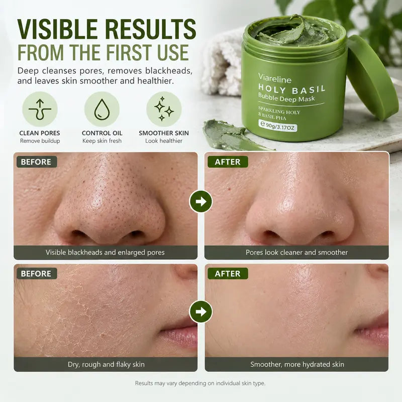 Holy Basil Bubble Deep Mask - Detoxifying Clay Mask with Sparkling Holy Basil & PHA for Pore Cleansing and Blackhead Removal, Korean Wash-Off Treatment for Clearer Skin, 90G