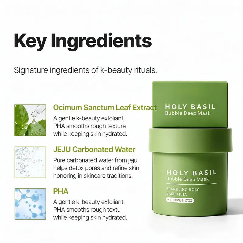Holy Basil Bubble Deep Mask - Detoxifying Clay Mask with Sparkling Holy Basil & PHA for Pore Cleansing and Blackhead Removal, Korean Wash-Off Treatment for Clearer Skin, 90G