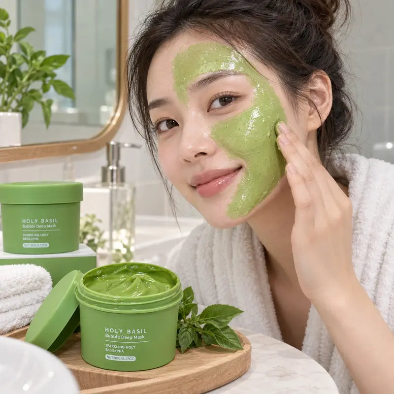 Holy Basil Bubble Deep Mask - Detoxifying Clay Mask with Sparkling Holy Basil & PHA for Pore Cleansing and Blackhead Removal, Korean Wash-Off Treatment for Clearer Skin, 90G