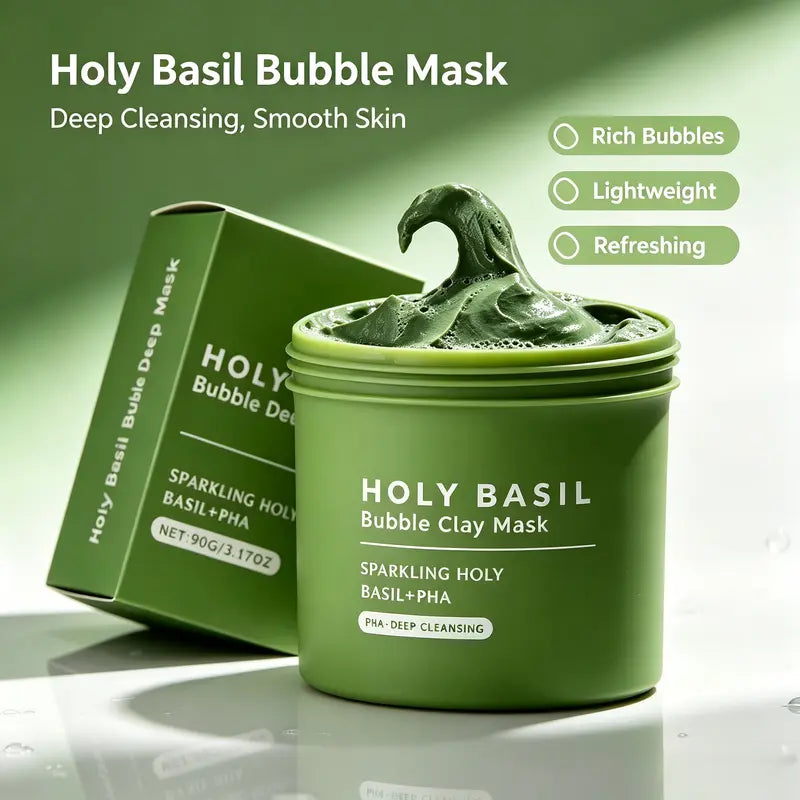 Holy Basil Bubble Deep Mask - Detoxifying Clay Mask with Sparkling Holy Basil & PHA for Pore Cleansing and Blackhead Removal, Korean Wash-Off Treatment for Clearer Skin, 90G